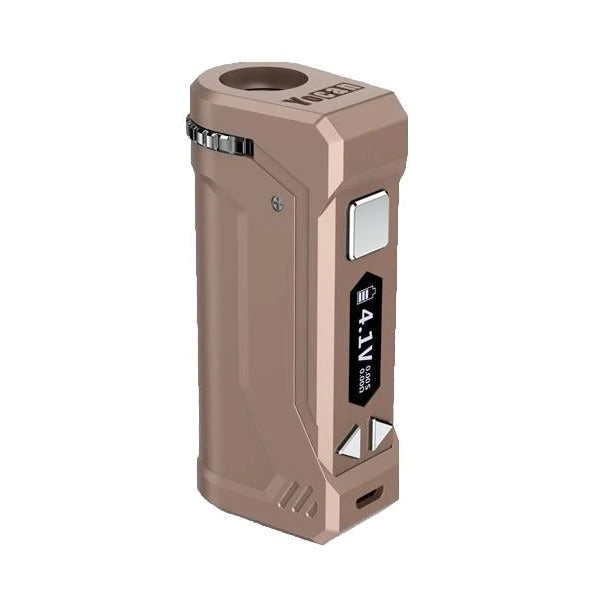 Yocan Uni Pro box mod 510 battery in Dark Champagne, side view with the screen showing 4.1V
