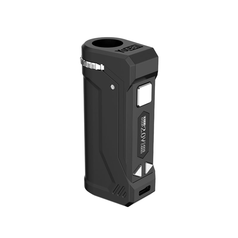 Yocan Uni Pro box mod 510 battery in Black, angled view of the screen, fire button and voltage arrows
